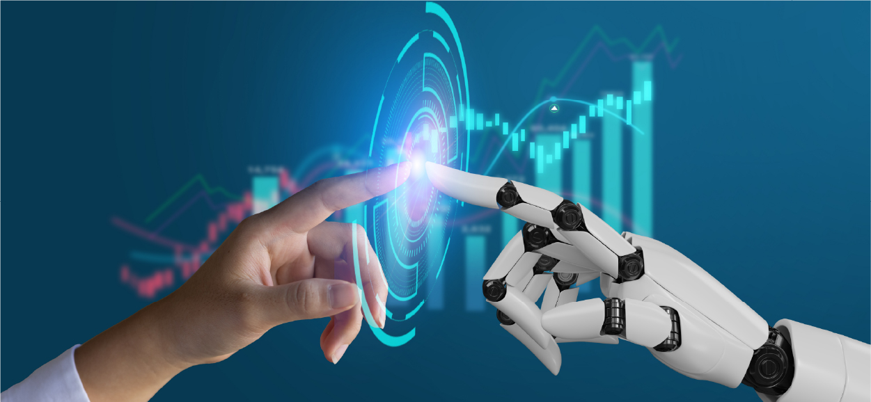 ai-business human and robot hands touching to symbolize AI analytics